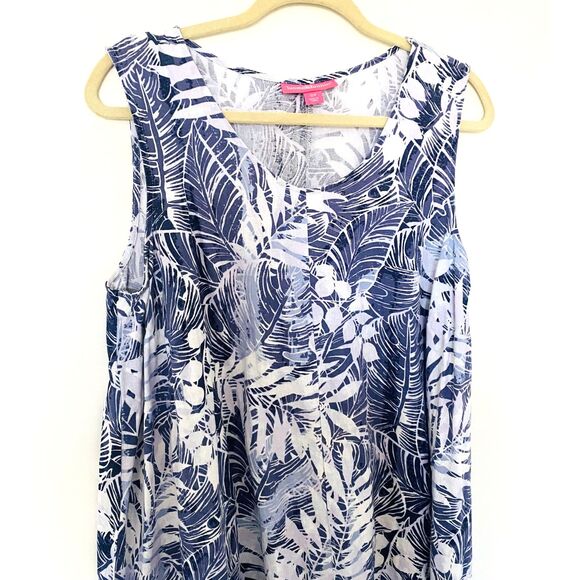 Woman Within Blue Tropical Leaf Print Sleeveless Linen Blend High Low Dress 18W - Picture 3 of 9